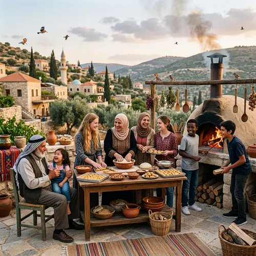 Multicultural Family Preparing Desserts in Idyllic Middle Eastern Village
