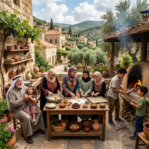 Middle-Eastern Family Making New Year's Desserts in Rural Historic Village