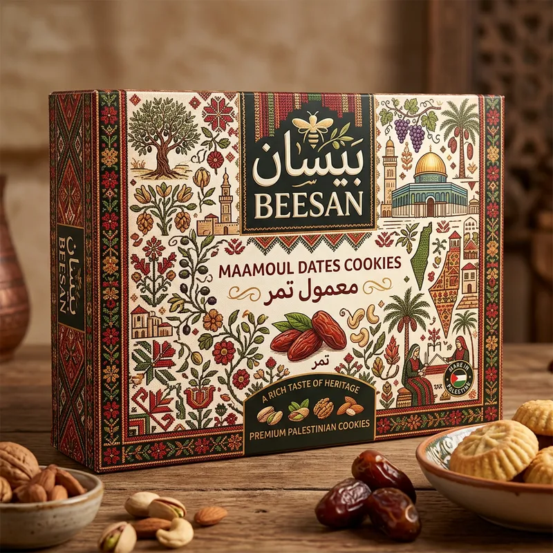 BEESAN Maamoul Dates Cookies: Vibrant Palestinian Heritage Packaging