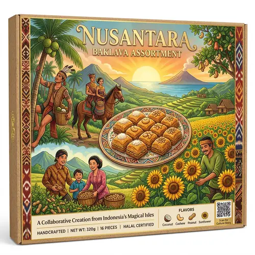Nusantara-Inspired Baklava Assortment: Cultural Delight Package Design