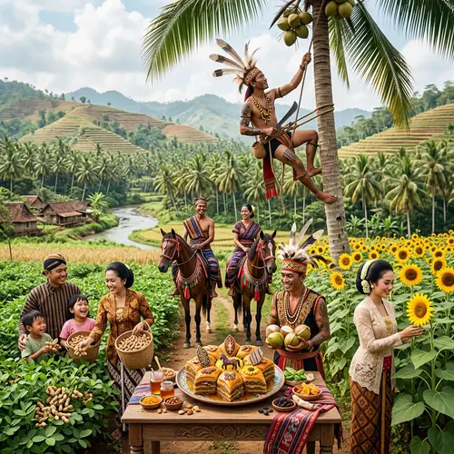 Magical Landscape with Diverse Indonesian Ethnic Groups Crafting Baklava of Harmony