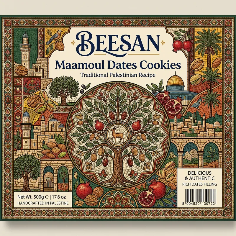 Vibrant Palestinian Heritage Maamoul Dates Cookies Packaging Design