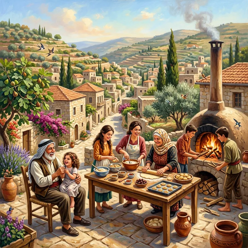 Joyful Family Gathering: New Year Dessert Preparations in a Quaint Levantine Village