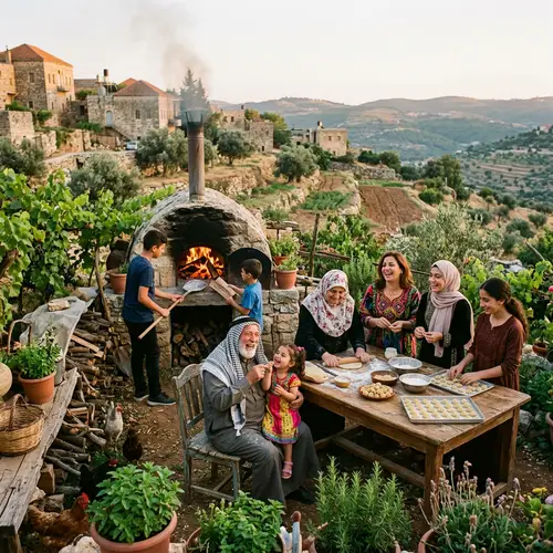 Levantine Village Family Celebrating New Year in Outdoor Kitchen Garden