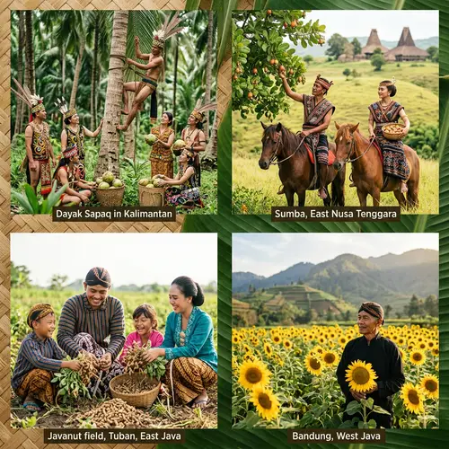 Cultural Tapestry of Indonesia: Dayak, Indigenous Couples, Peanuts & Sunflowers