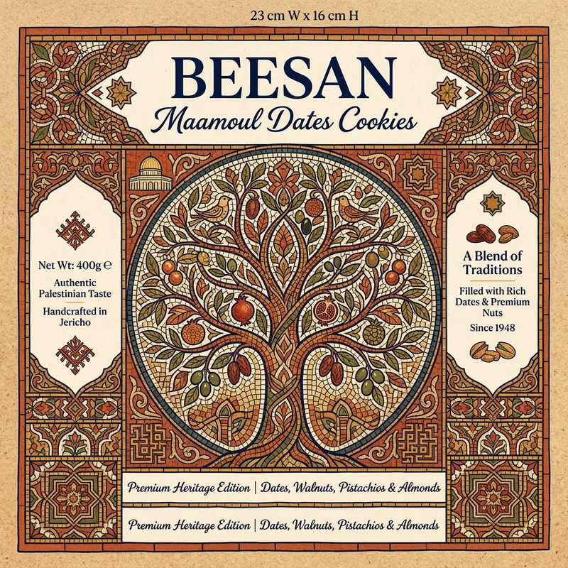 Vibrant Maamoul Dates Cookies Packaging with Holyland Mosaic Design Vibrant Maamoul Dates Cookies Packaging with Holyland Mosaic Design