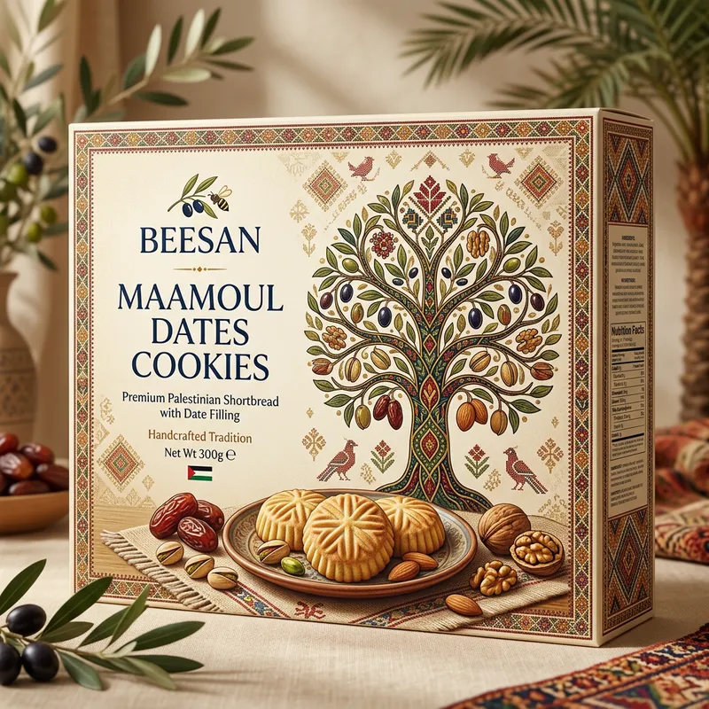 Vibrant Maamoul Dates Cookies Packaging Inspired by Palestinian Heritage