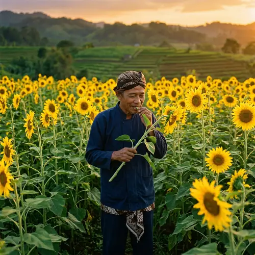 Sundanese Farmer in Traditional Attire Nibbling Sunflower Plants