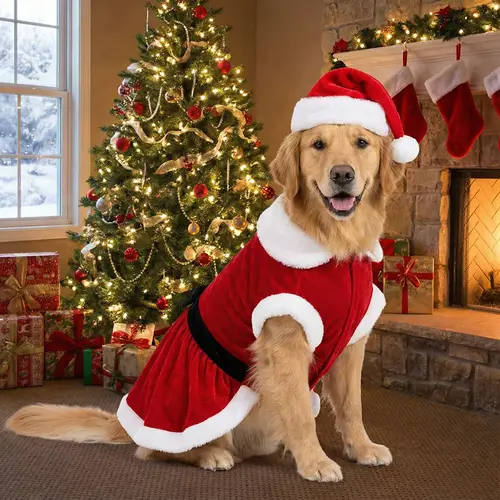 Cute Dog in Santa Dress and Christmas Hat