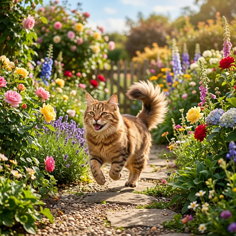 Unique Cat Dog Hybrid Creature in Sunlit Garden