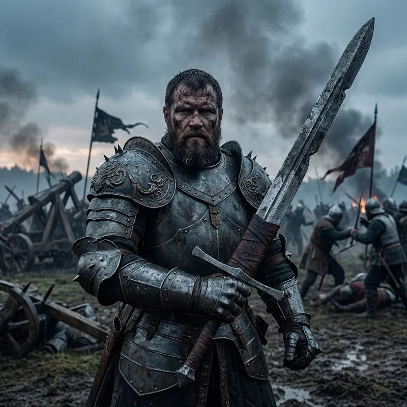 Orthodox Guts from Berserk: Dark Medieval Warrior on Chaotic Battlefield