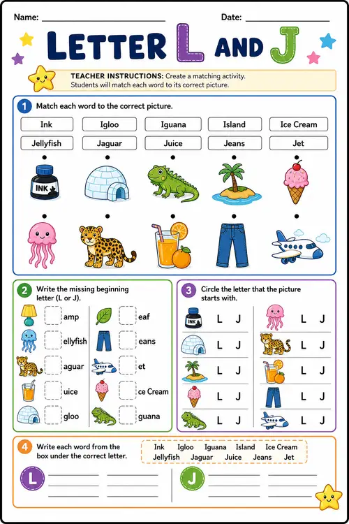 Printable Autism Worksheets for Letters L and J