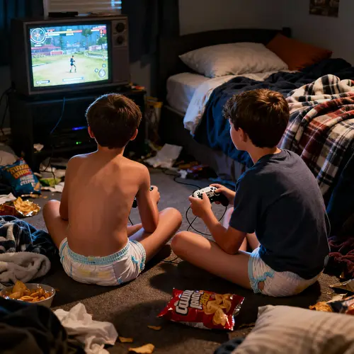 Teenage Boys Gaming Sleepover in Diapers