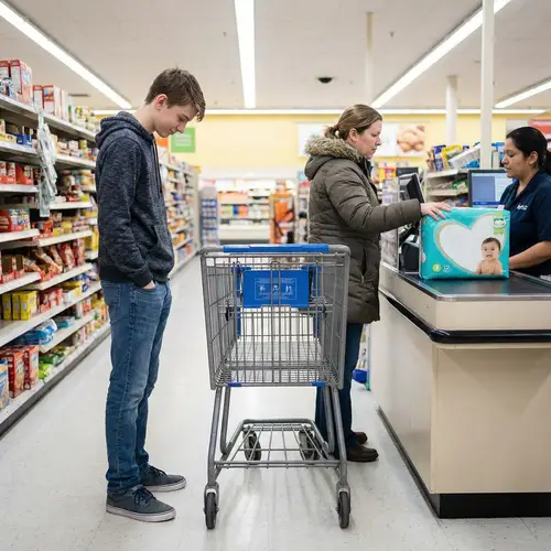 Shy Boy in Grocery Store with Mom