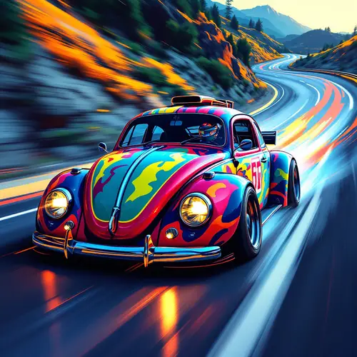 Vibrant VW Beetle Race Car Art in Retro Pop Style