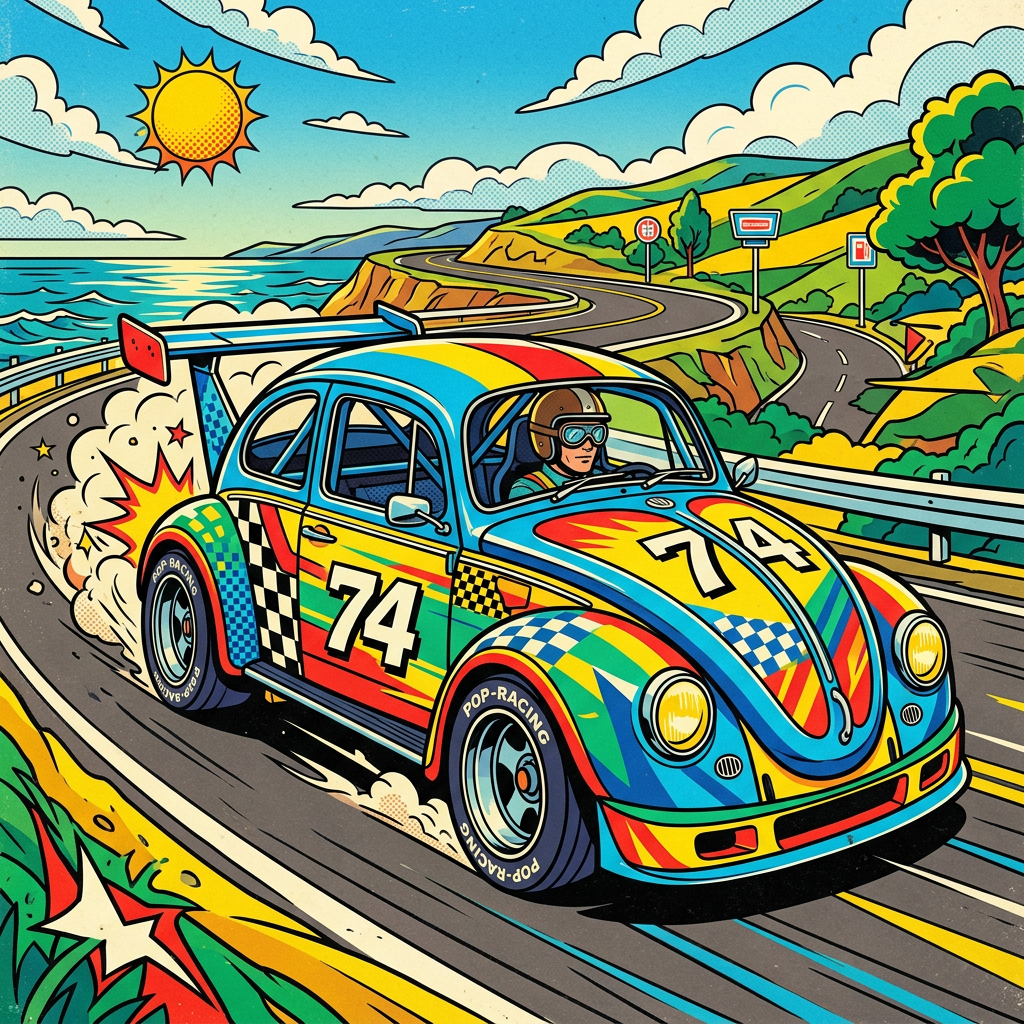 Vibrant VW Beetle Race Car Art in Retro Pop Style | AI Art