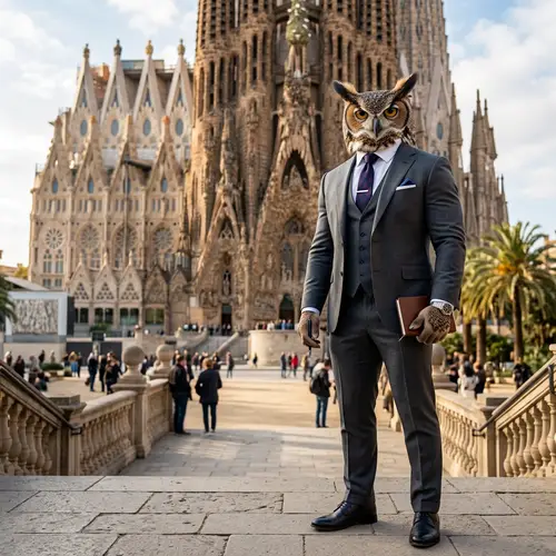 Athletic Owl in Suit at Sagrada Familia: Striking Photo