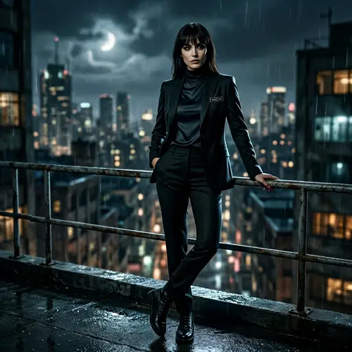 Captivating Woman in Sleek Black Suit | Action Movie Character 'Macchi'