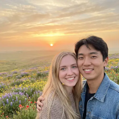 Russian Woman and Korean Man Embrace in Colorful Landscape