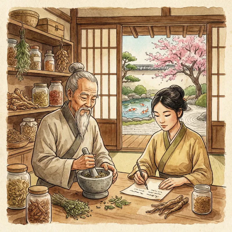 Tranquil Eastern Medicine Watercolor Scene