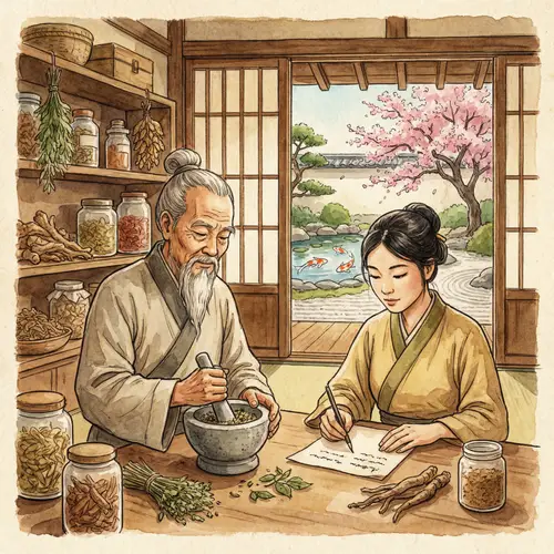 Traditional Eastern Medicine Watercolor Scene