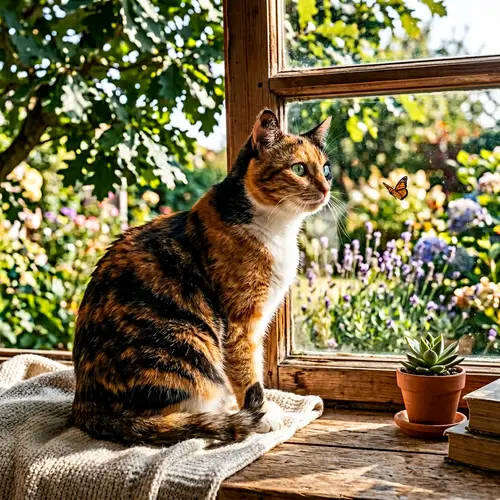 Calico Domestic Short-Haired Cat Watching Butterfly