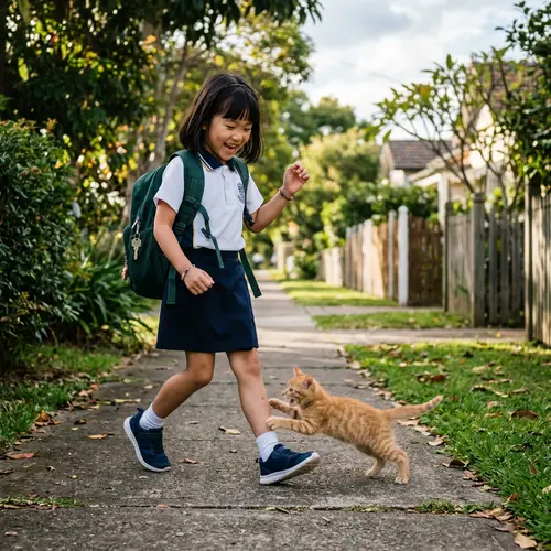 Asian Schoolgirl Walking with Playful Tabby Cat