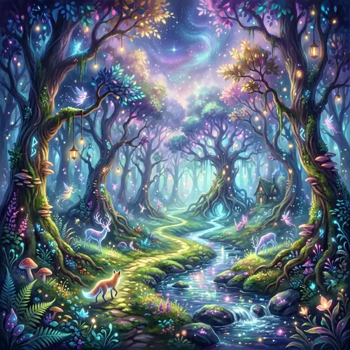 Enchanting Magical Forest - Vibrant Ethereal Hues & Mystical Creatures