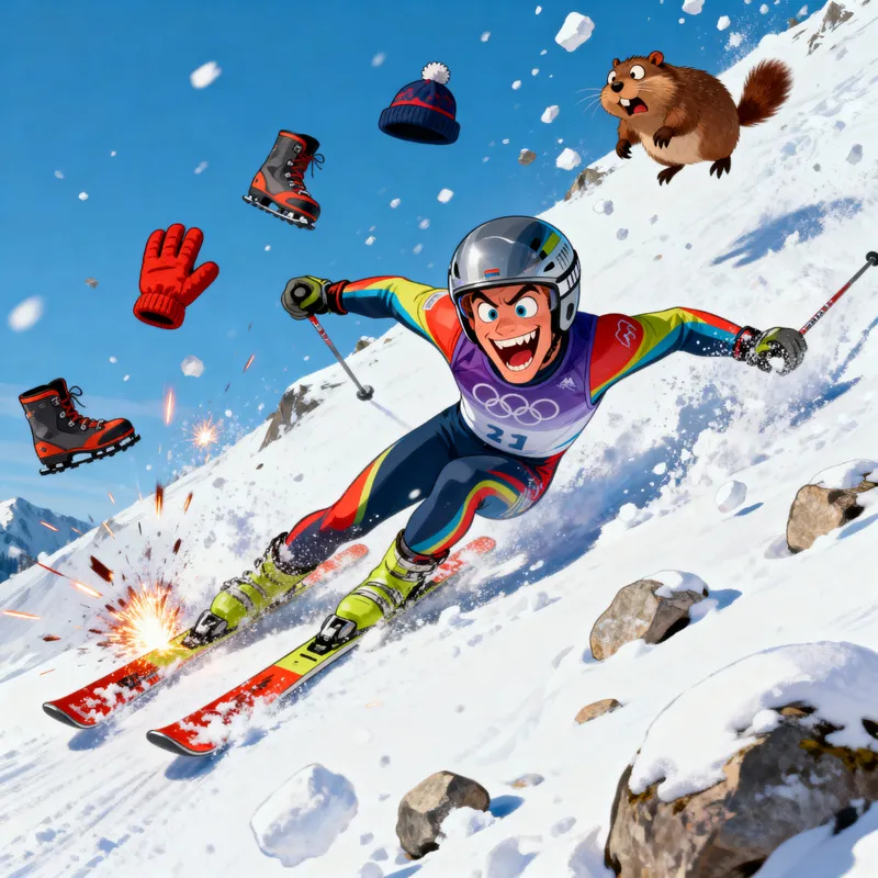 Crazy skier flying down a snowy slope