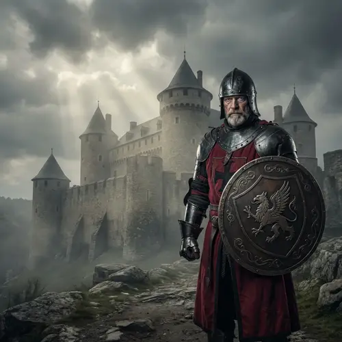 Medieval Black and Red Knight vs Castle | Gallant Warrior Image