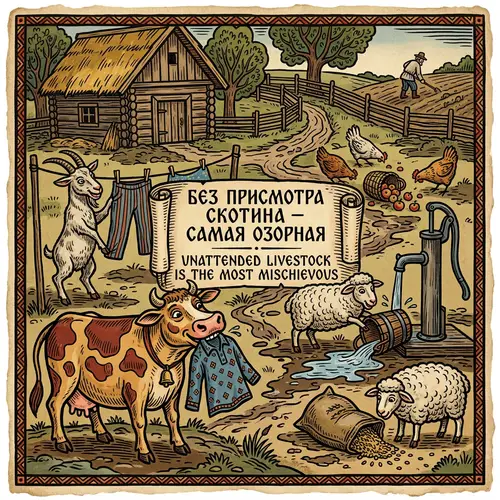 Playful Folk Art Illustration of Mischievous Livestock