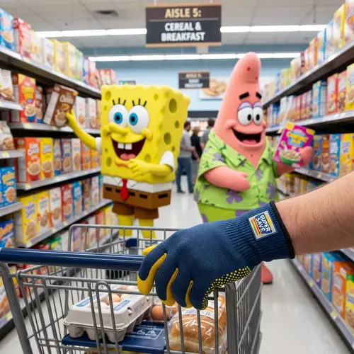 Cheerful Aquatic Sponge Creature and Starfish Shopping at Supermarket