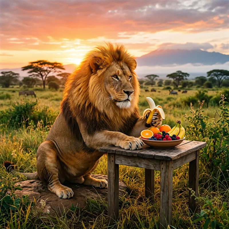Majestic Lion Eating Breakfast: Golden Sunrise Scene in African Savannah