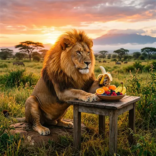 Majestic Lion Eating Fresh Fruits in African Savannah