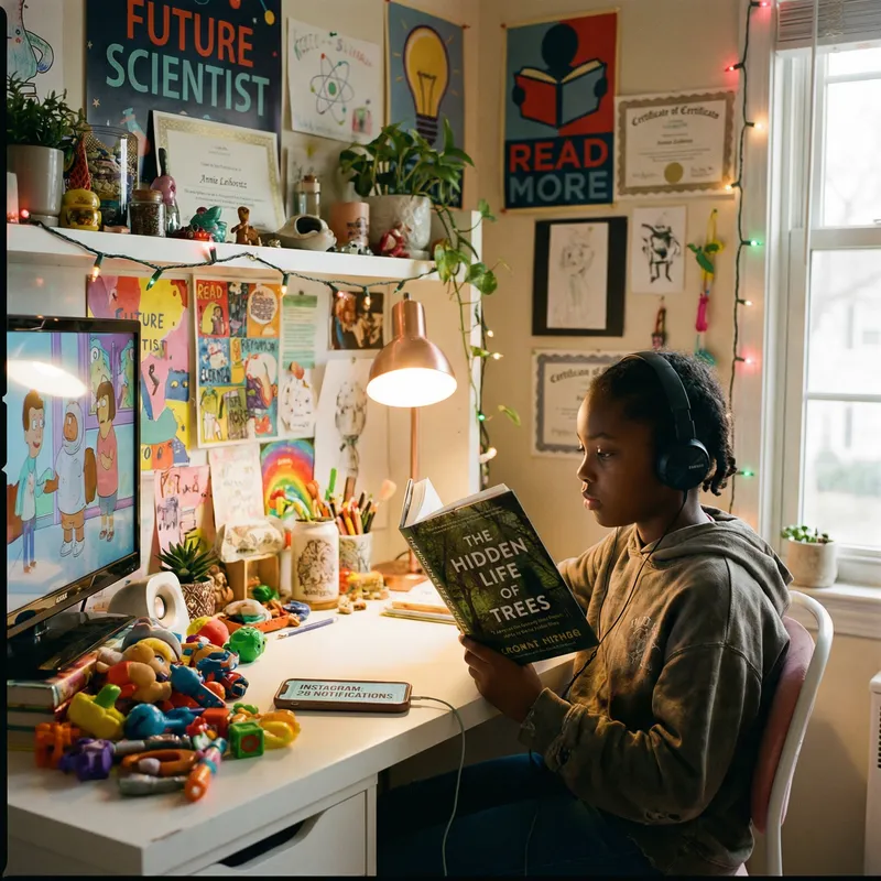 Dedicated Black Girl Studying Amid Distractions
