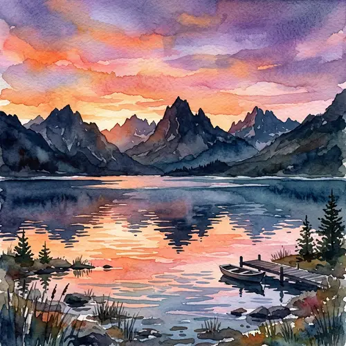 Stunning Sunset Over Mountains - Watercolor Art