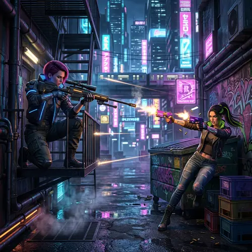 Cyberpunk Female Shootout: Sniper vs. Dual-Wield - Action Scene