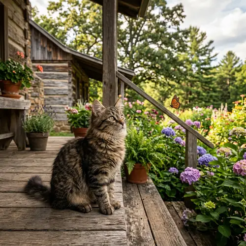 Fluffy Tabby Cat Observing Butterfly on Rustic Cabin Porch