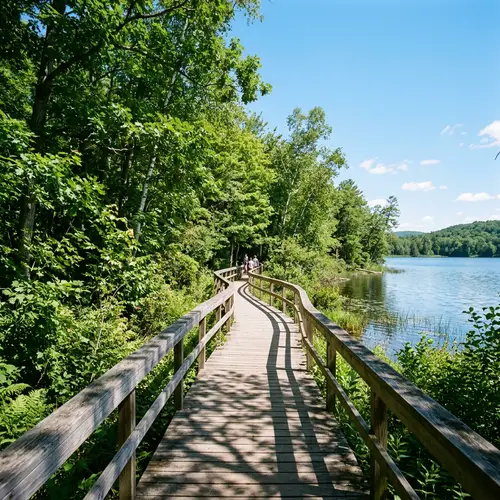 Wooden Path in Park by Lake | Sunlit Scenery