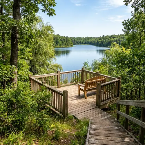 Tranquil Forest View: Wooden Bench on Observation Deck Overlooking Lake