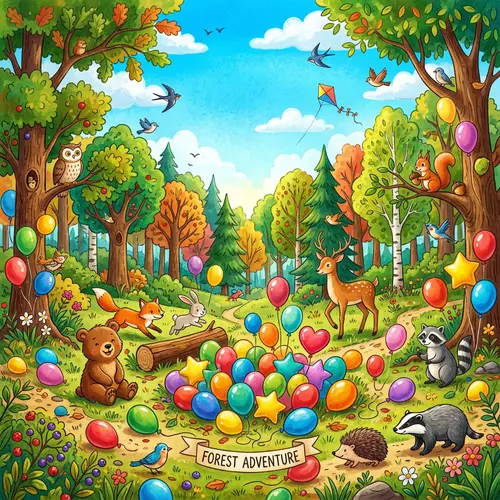 Colorful Children's Forest Scene with Balloons