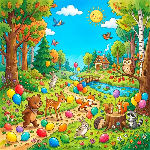 Colorful Children's Forest with Animals and Balloons