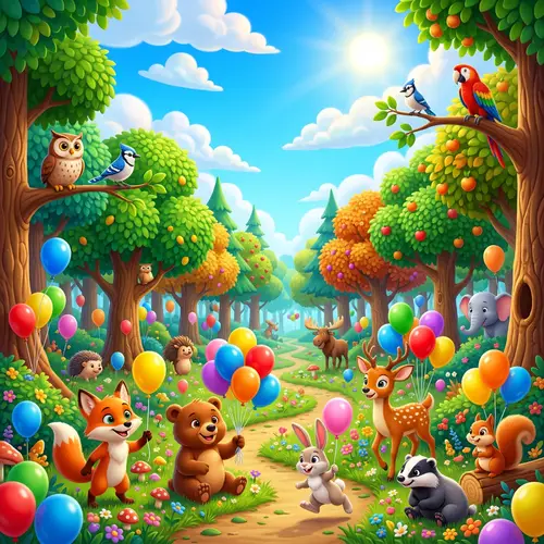 Colorful 3D Forest with Animals and Balloons