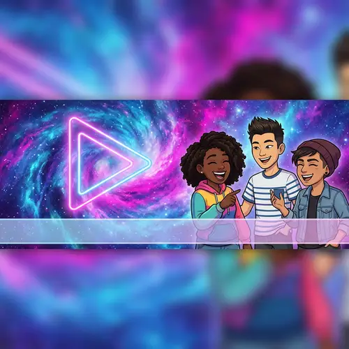 Vivid Galactic YouTube Banner with Play Symbol, Avatar Characters, Social Theme