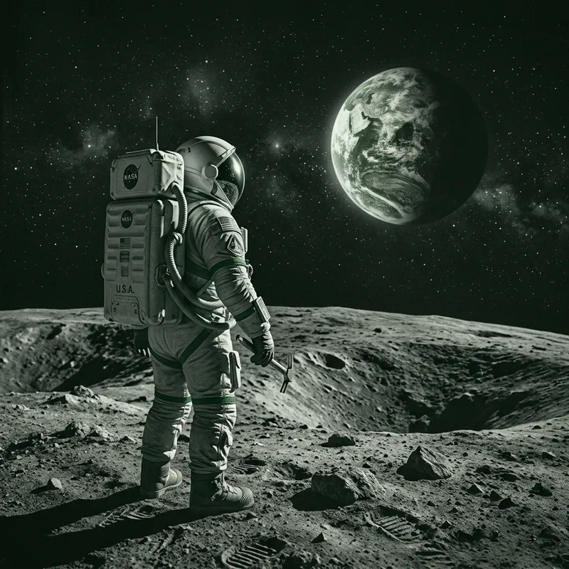 Astronaut on Moon, Space Gazing, Gray Tones