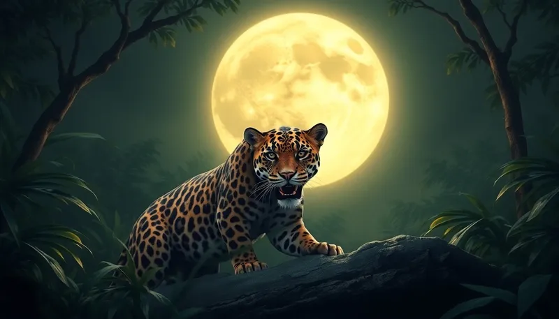 Stunning Jaguar Under Full Moon in Jungle Setting Stunning Jaguar Under Full Moon in Jungle Setting