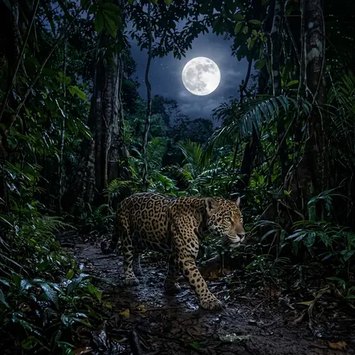 Stunning Jaguar Under Full Moon in Jungle Setting