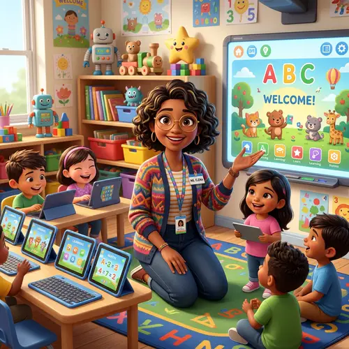 Hispanic Preschool Teacher with Modern Classroom Tech