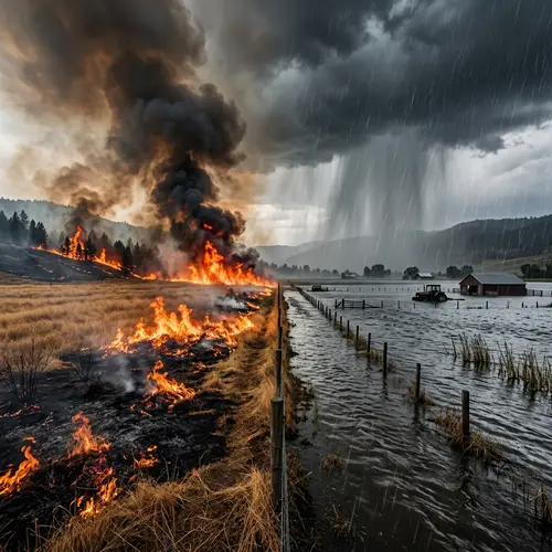 Field On Fire and Flooded: Contrast in Nature