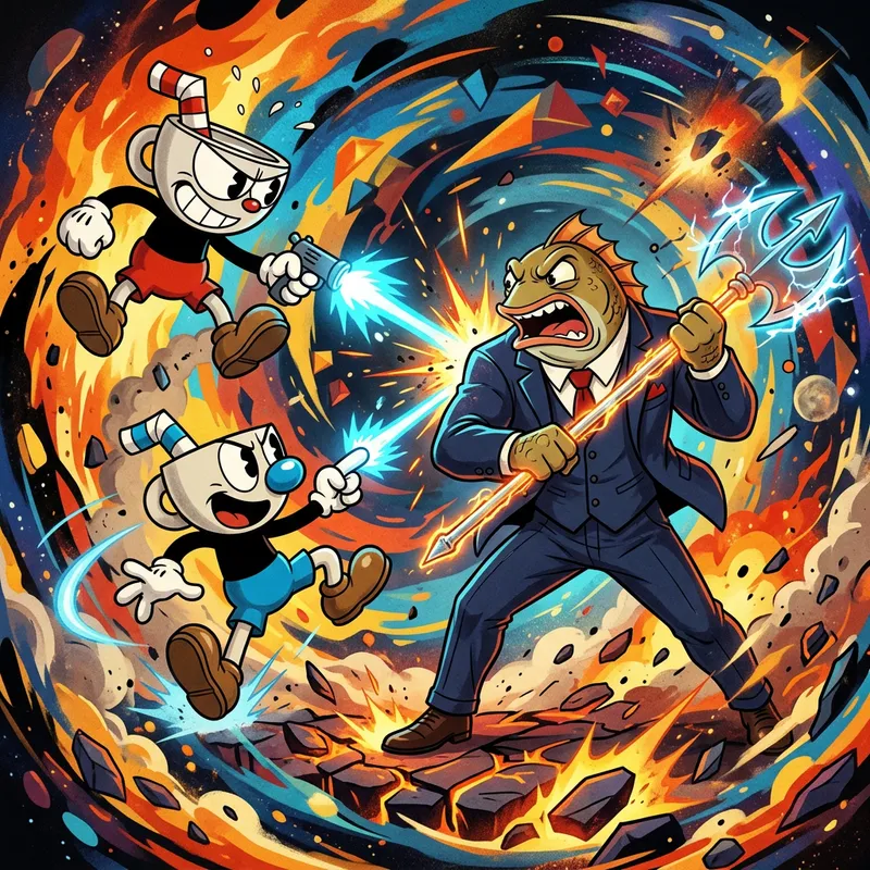 Cuphead and Mugman battle Fortnite's agent flopper